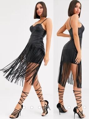 ASOS | Premium Fringe PU Corset Detail Cami Midi Dress